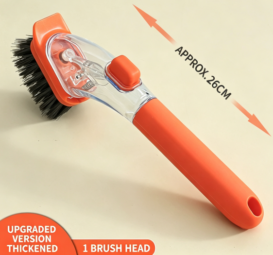 Long-handled dish and pot brush with liquid dispenser